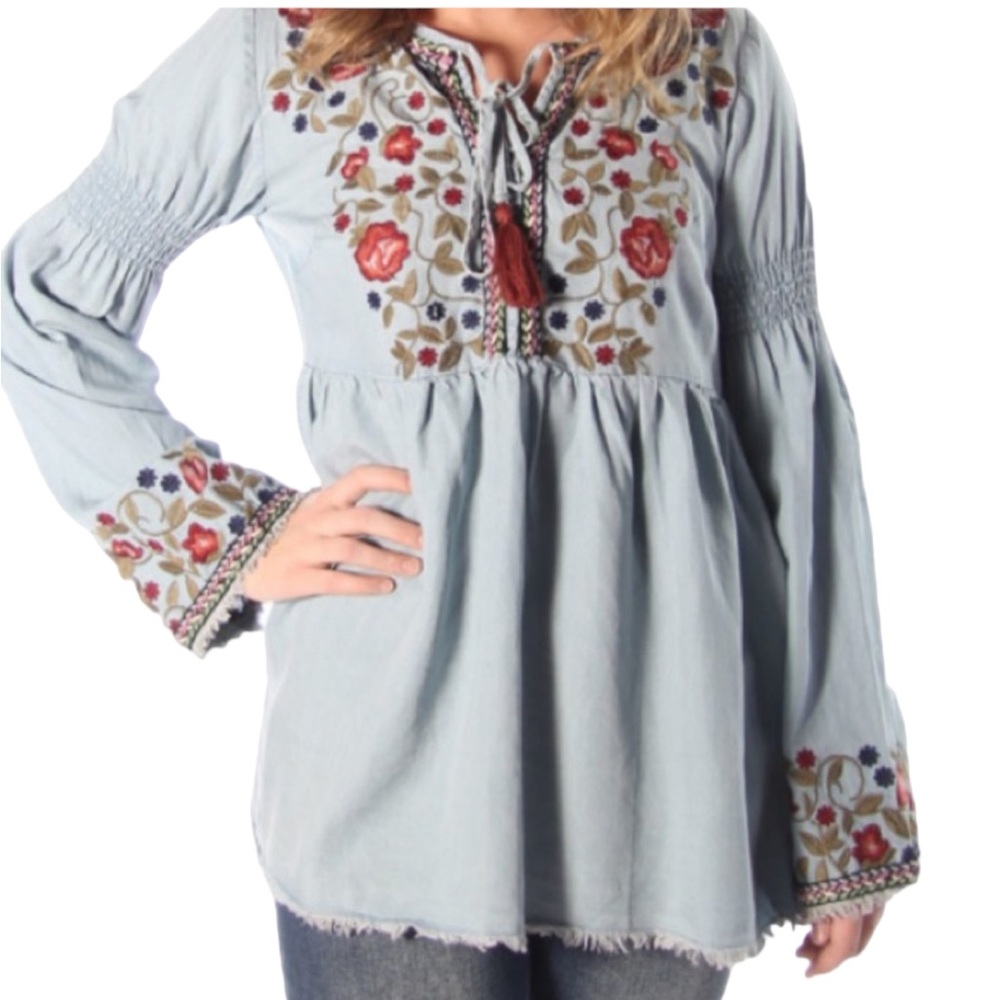 MISS ME: Denim Floral Embroidery Long Sleeve Blouse Size Small - Picture 3 of 13